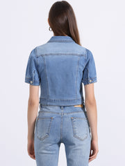Casual Button-Down Puff Long Sleeve Crop Denim Jacket