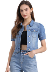 Casual Button-Down Puff Long Sleeve Crop Denim Jacket