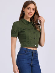 Casual Button-Down Puff Long Sleeve Crop Denim Jacket