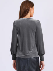 Velvet Round Neck Puff Long Sleeve Casual Pullover Blouse