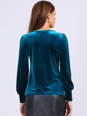 Velvet Round Neck Puff Long Sleeve Casual Pullover Blouse
