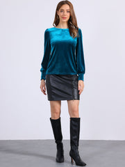 Velvet Round Neck Puff Long Sleeve Casual Pullover Blouse