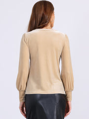 Velvet Round Neck Puff Long Sleeve Casual Pullover Blouse