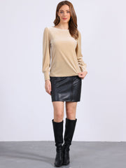 Velvet Round Neck Puff Long Sleeve Casual Pullover Blouse