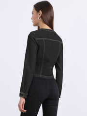 Denim Collarless Long Sleeve Button Down Crop Jean Jacket