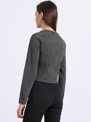 Denim Collarless Long Sleeve Button Down Crop Jean Jacket