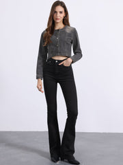 Denim Collarless Long Sleeve Button Down Crop Jean Jacket