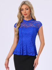 Crochet Peplum Floral Mock Neck Cap Sleeve Lace Blouse