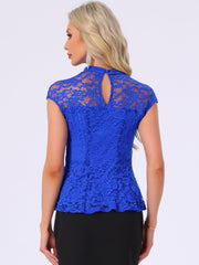 Crochet Peplum Floral Mock Neck Cap Sleeve Lace Blouse