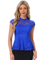 Crochet Peplum Floral Mock Neck Cap Sleeve Lace Blouse