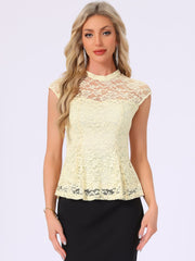 Crochet Peplum Floral Mock Neck Cap Sleeve Lace Blouse