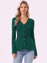 V Neck Long Sleeve Ribbed Pullover Knitted Peplum Top