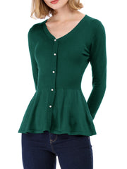 V Neck Long Sleeve Ribbed Pullover Knitted Peplum Top