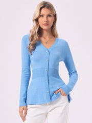 V Neck Long Sleeve Ribbed Pullover Knitted Peplum Top