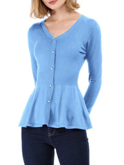 V Neck Long Sleeve Ribbed Pullover Knitted Peplum Top