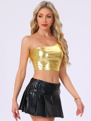 Metallic Cropped Top One Shoulder Party Blouse