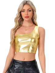 Metallic Cropped Top One Shoulder Party Blouse