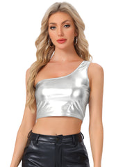 Metallic Cropped Top One Shoulder Party Blouse