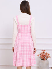 Tweed Plaid Sleeveless Pockets A-Line Pinafore Overall Dress