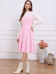 Tweed Plaid Sleeveless Pockets A-Line Pinafore Overall Dress