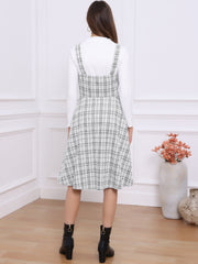 Tweed Plaid Sleeveless Pockets A-Line Pinafore Overall Dress