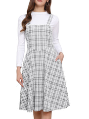 Tweed Plaid Sleeveless Pockets A-Line Pinafore Overall Dress