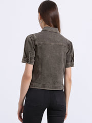 Casual Short Puff Sleeves Button-Down Jean Denim Jacket