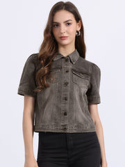 Casual Short Puff Sleeves Button-Down Jean Denim Jacket