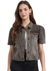 Casual Short Puff Sleeves Button-Down Jean Denim Jacket