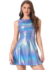Metallic Sleeveless High Waist Club Party Holographic Dress