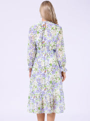 Floral Long Sleeve Belted Flowy Chiffon Midi Dress
