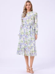 Floral Long Sleeve Belted Flowy Chiffon Midi Dress
