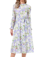 Floral Long Sleeve Belted Flowy Chiffon Midi Dress