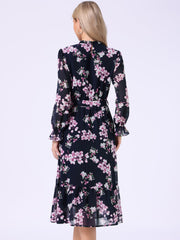Floral Long Sleeve Belted Flowy Chiffon Midi Dress