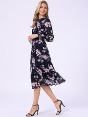 Floral Long Sleeve Belted Flowy Chiffon Midi Dress