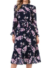 Floral Long Sleeve Belted Flowy Chiffon Midi Dress