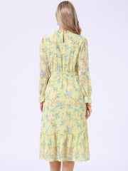Floral Long Sleeve Belted Flowy Chiffon Midi Dress