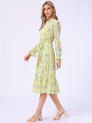 Floral Long Sleeve Belted Flowy Chiffon Midi Dress