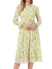 Floral Long Sleeve Belted Flowy Chiffon Midi Dress