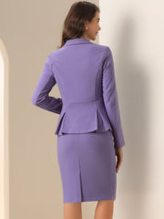 Long Sleeve Notched Lapel Peplum Blazer Pencil Skirt 2 Piece Set