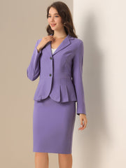 Long Sleeve Notched Lapel Peplum Blazer Pencil Skirt 2 Piece Set