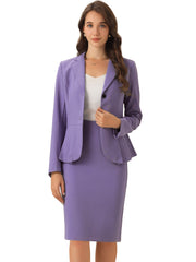Long Sleeve Notched Lapel Peplum Blazer Pencil Skirt 2 Piece Set