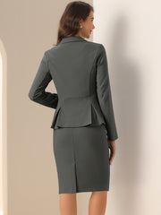 Long Sleeve Notched Lapel Peplum Blazer Pencil Skirt 2 Piece Set