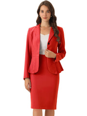 Long Sleeve Notched Lapel Peplum Blazer Pencil Skirt 2 Piece Set