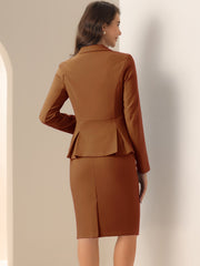 Long Sleeve Notched Lapel Peplum Blazer Pencil Skirt 2 Piece Set