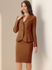 Long Sleeve Notched Lapel Peplum Blazer Pencil Skirt 2 Piece Set