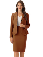 Long Sleeve Notched Lapel Peplum Blazer Pencil Skirt 2 Piece Set