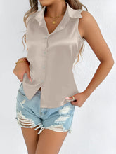 Satin Solid Color Sleeveless Button Down Blouse