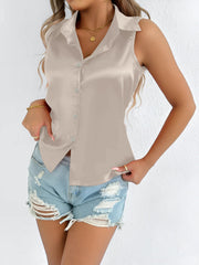 Satin Solid Color Sleeveless Button Down Blouse