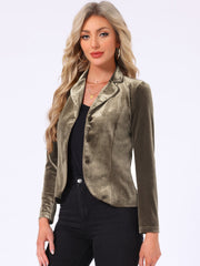 Notched Lapel Long Sleeve Office Business Button Velvet Blazer